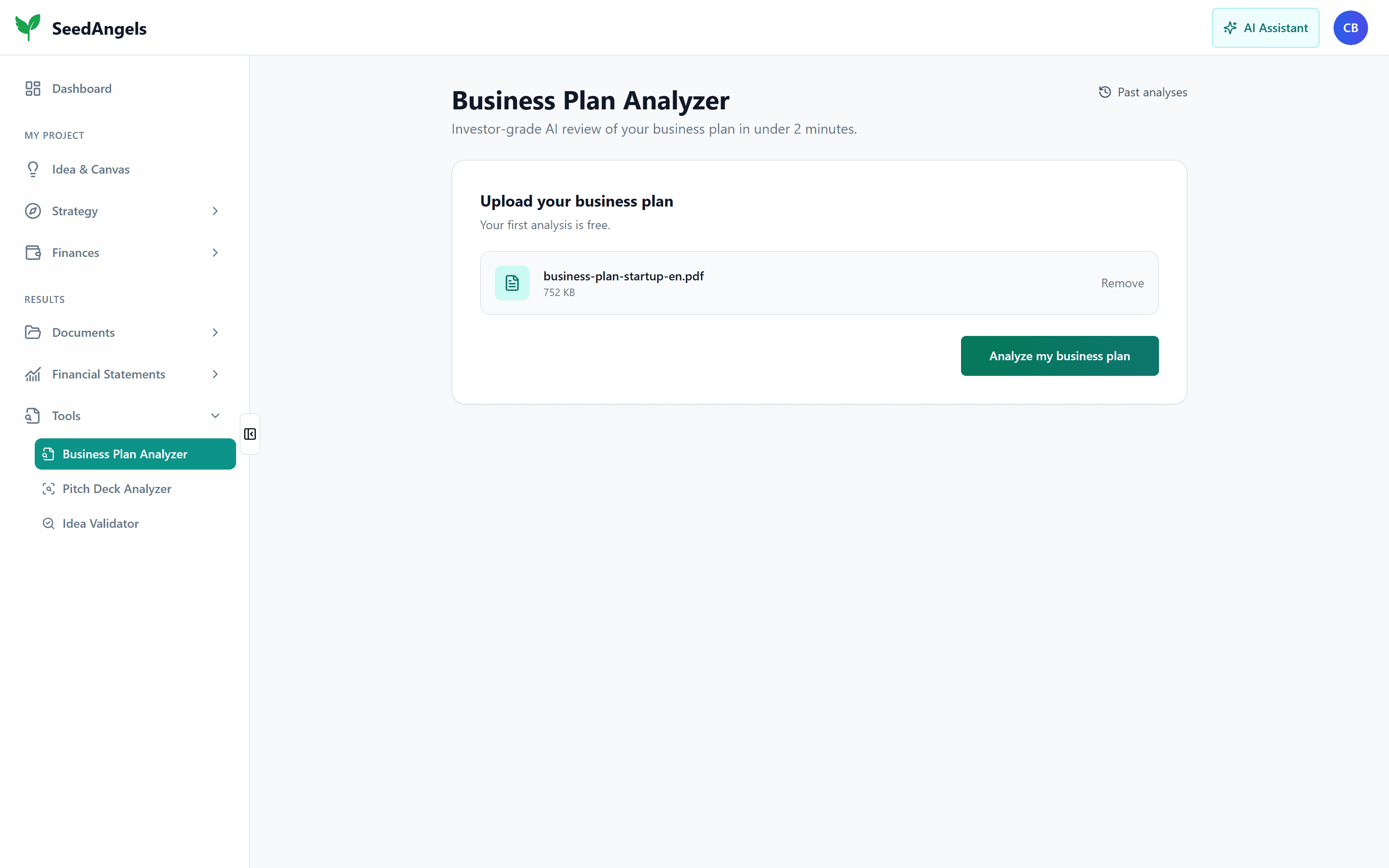 SeedAngels Business Plan analyzer: a PDF business plan ready to be analyzed