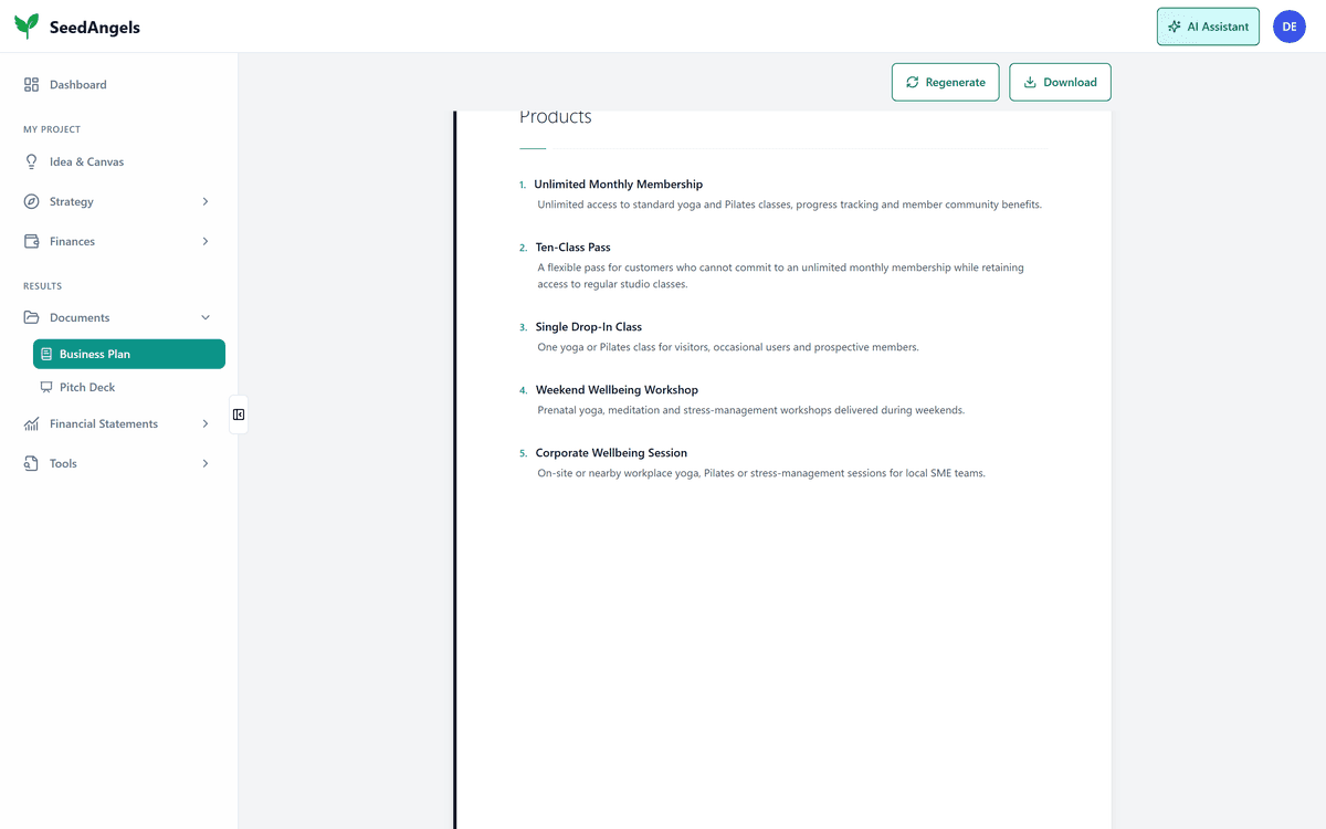 Written sections of a SeedAngels business plan describing each product of the offer