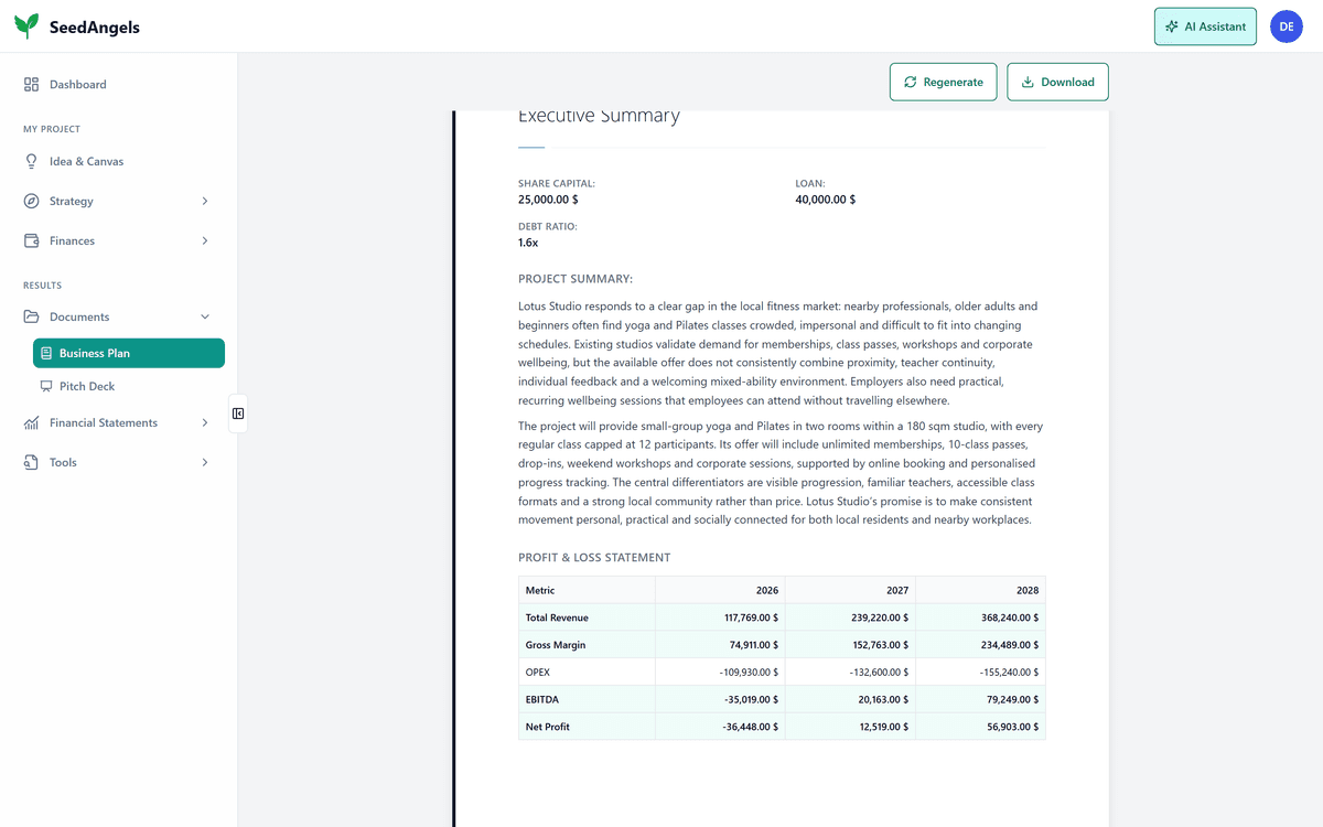 Executive summary of a SeedAngels business plan with share capital, loan, project summary and three-year P&L