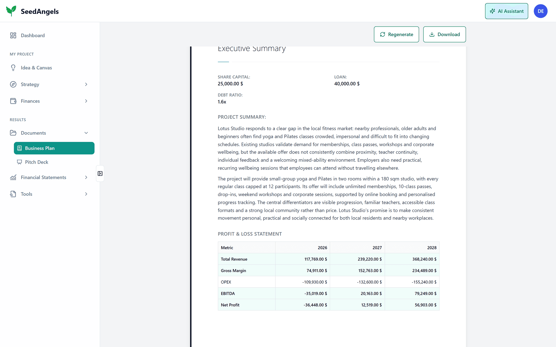 The executive summary of a Business Plan generated by SeedAngels