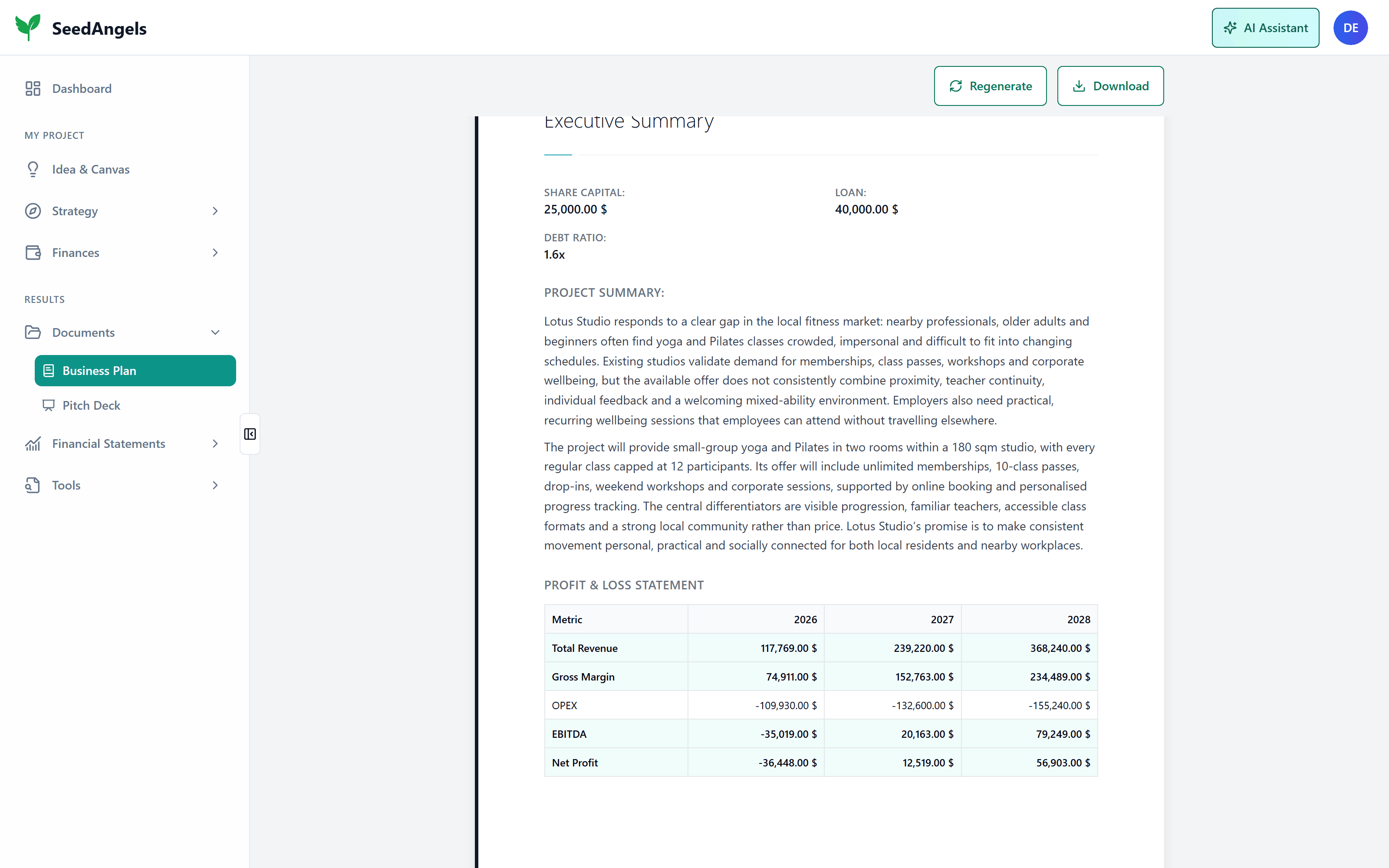 A Business Plan generated by SeedAngels