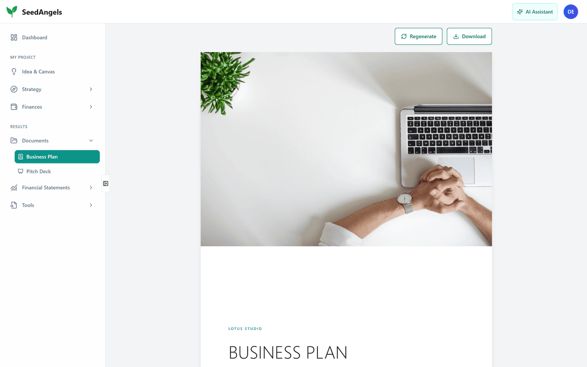 SeedAngels business plan document with its Regenerate and Download buttons
