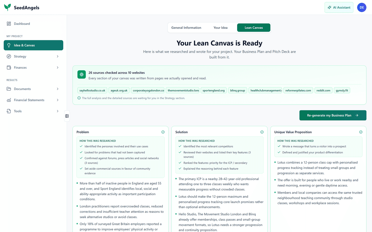 The nine sections of a Lean Canvas generated by SeedAngels, with their sources