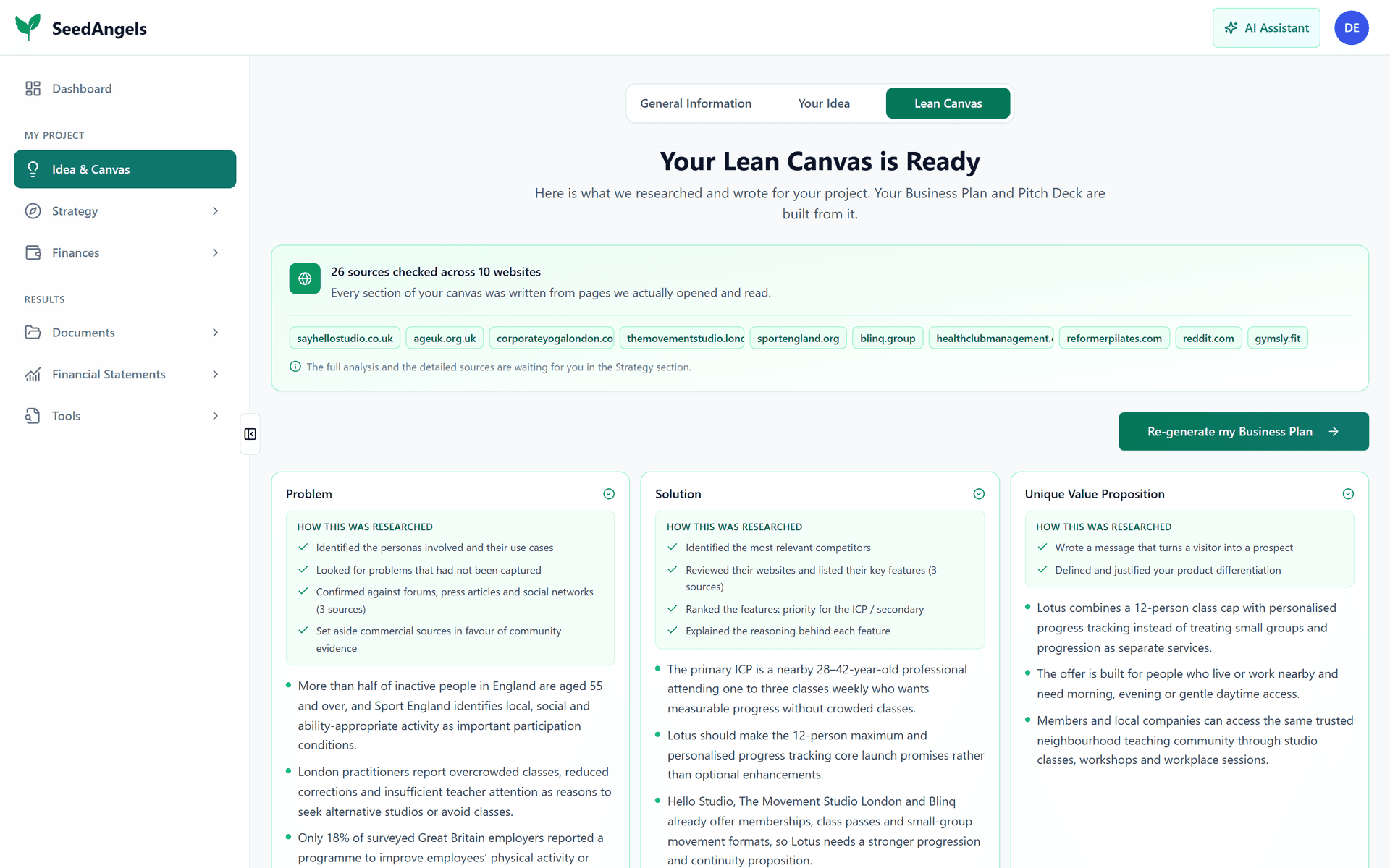 A Lean Canvas generated by SeedAngels, each block filled from researched sources