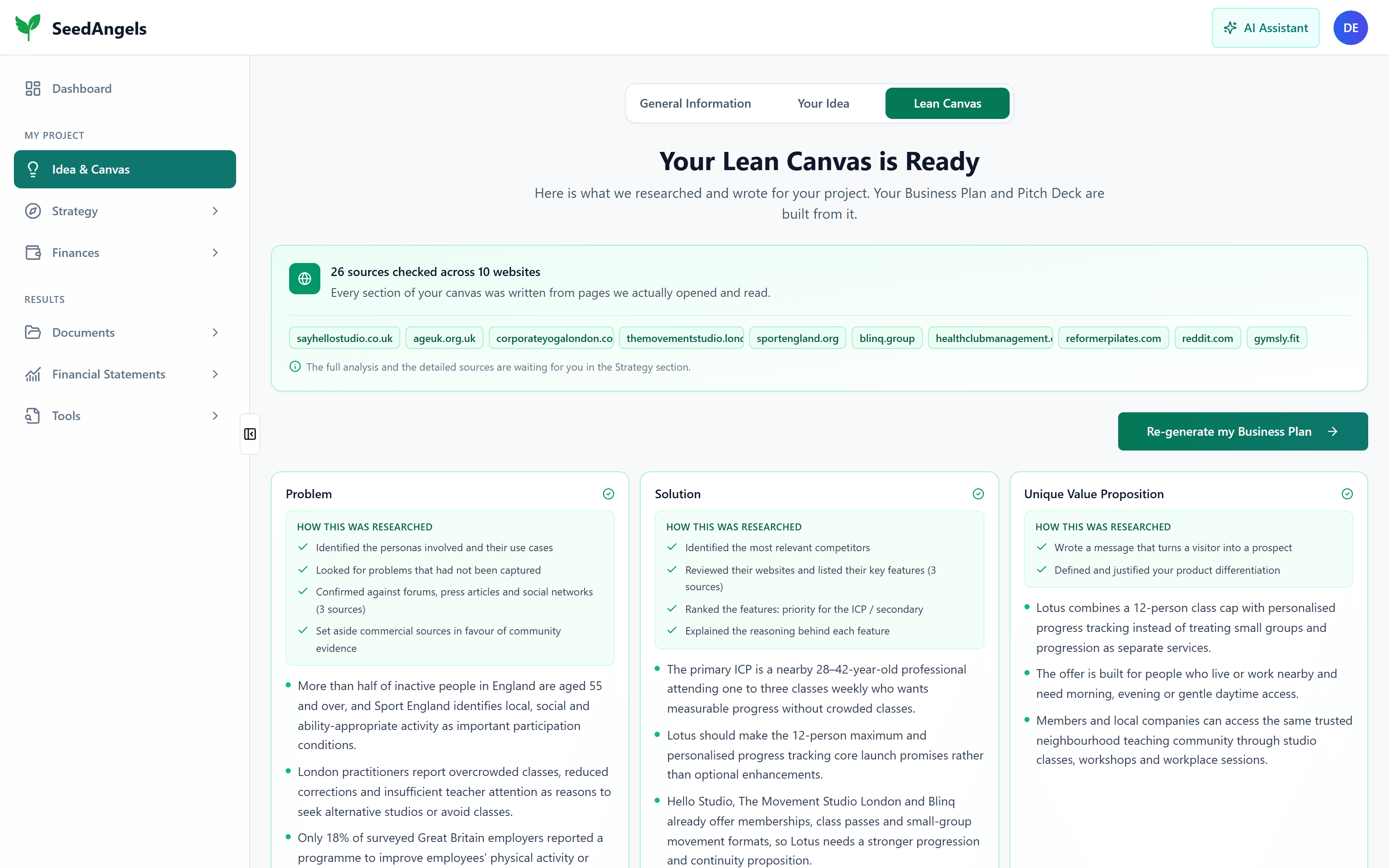 The nine sections of a Lean Canvas generated by SeedAngels