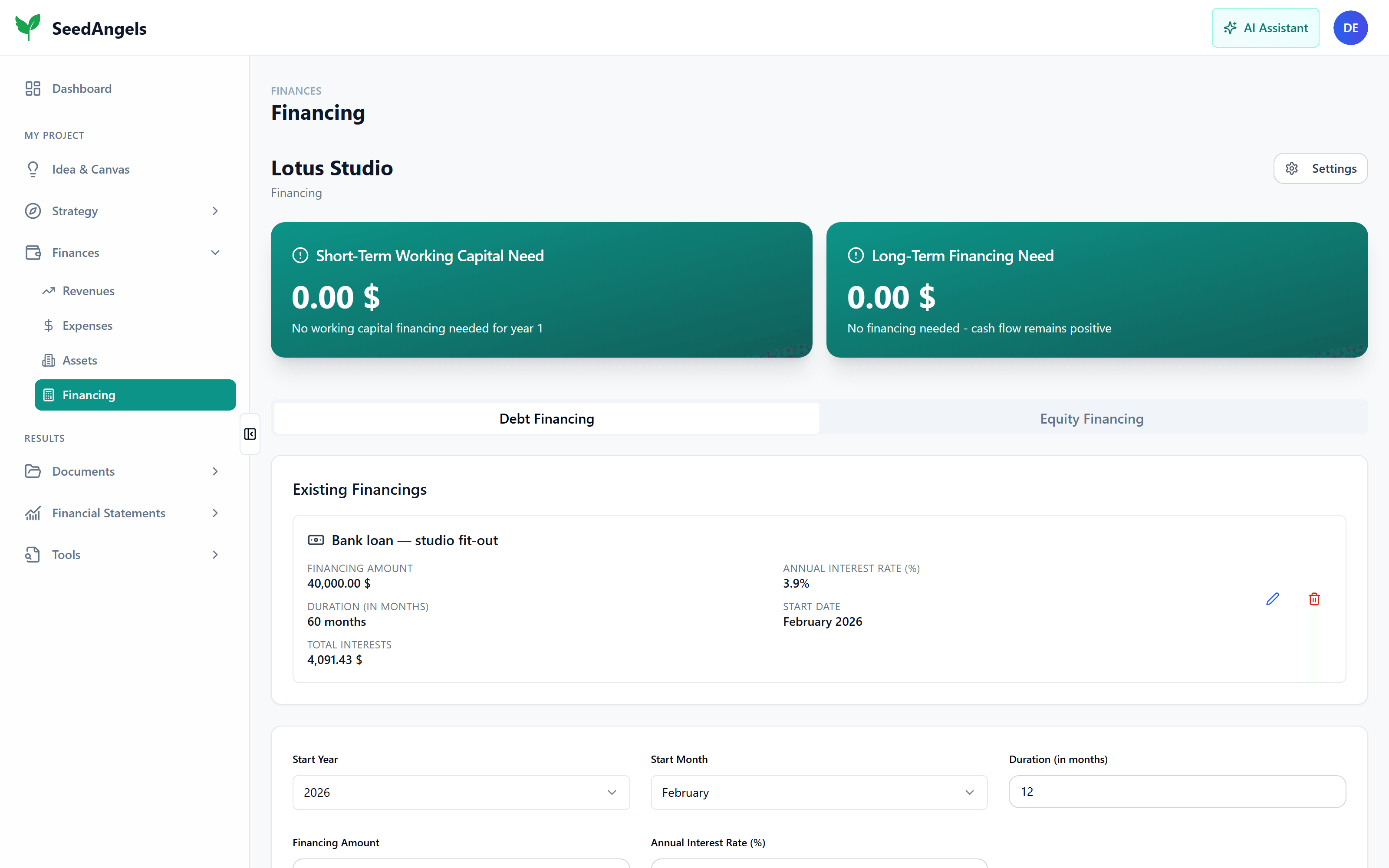 Funding need, loan schedule and valuation