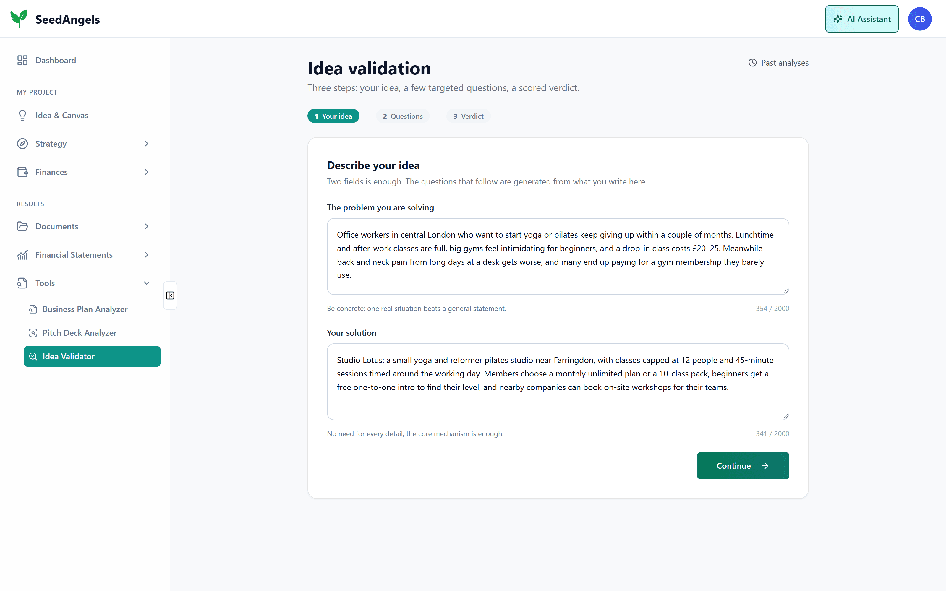 Step 1 of the idea validator: the problem and solution fields filled in for Studio Lotus, a small-group yoga and pilates studio in London