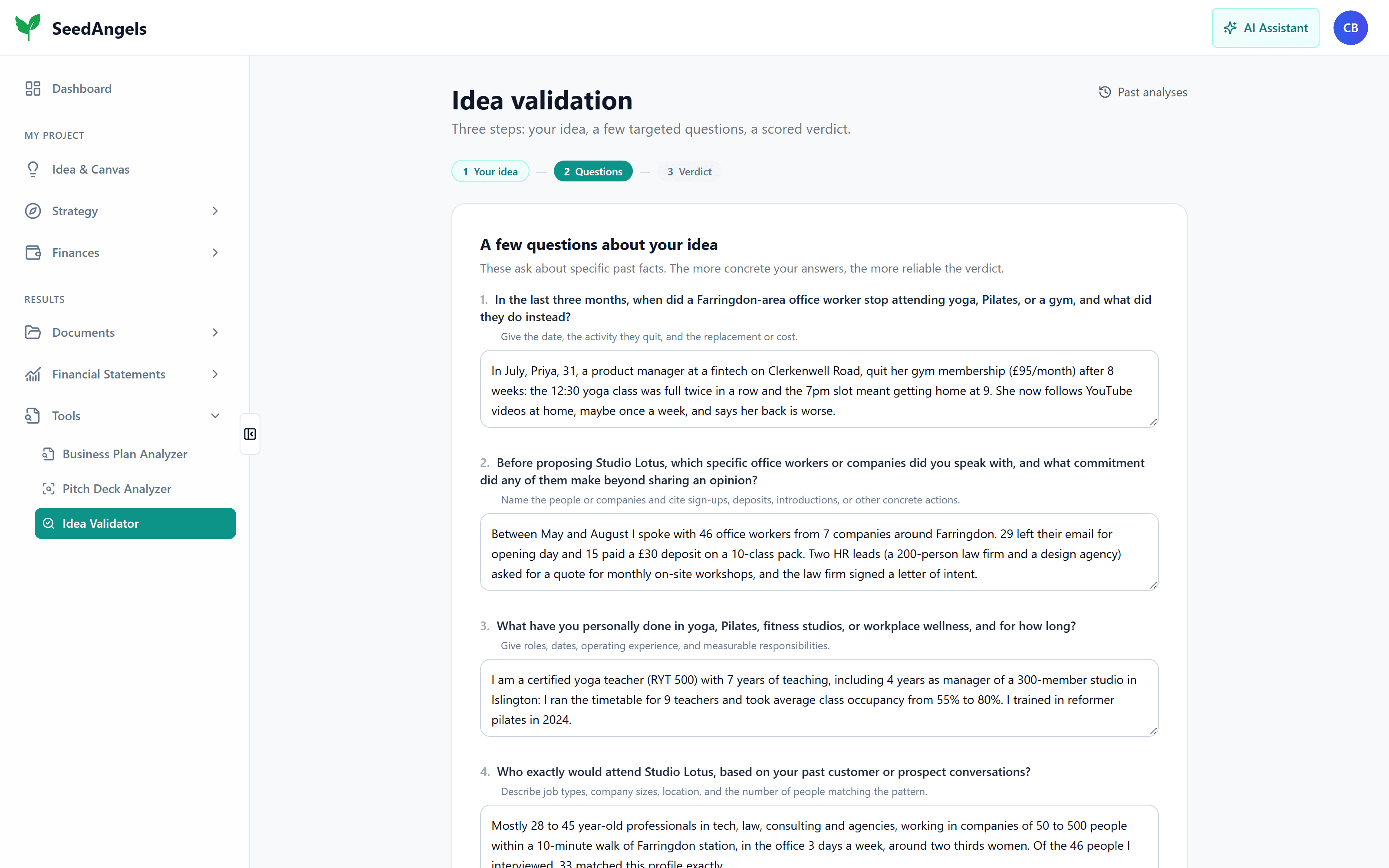 Step 2: targeted questions about concrete past facts, each with a hint and the founder's answer
