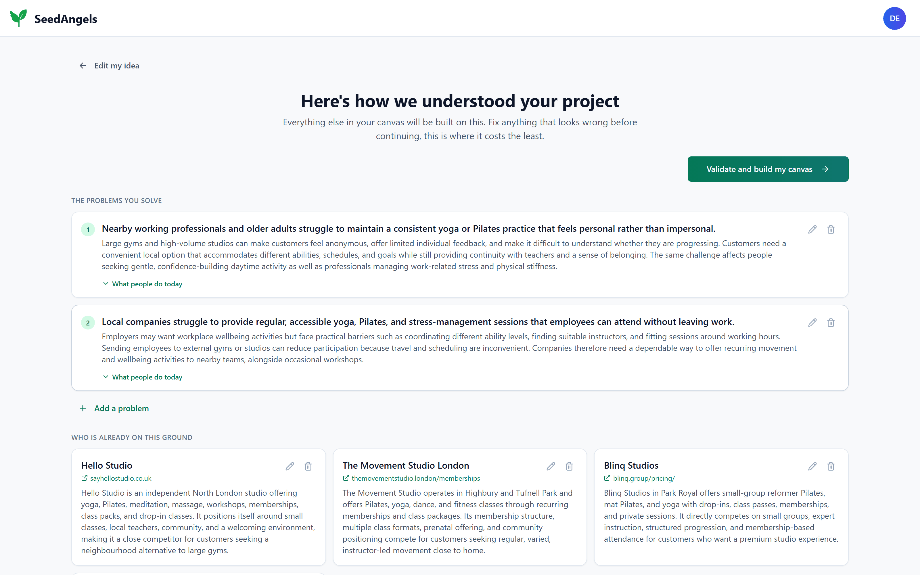 The validation screen restating the problems addressed and the competitors identified