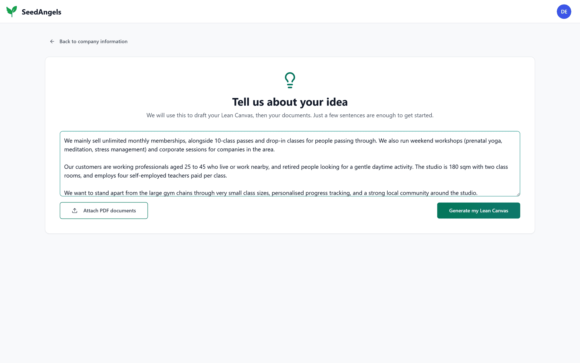 The onboarding screen where you describe your idea in a few sentences