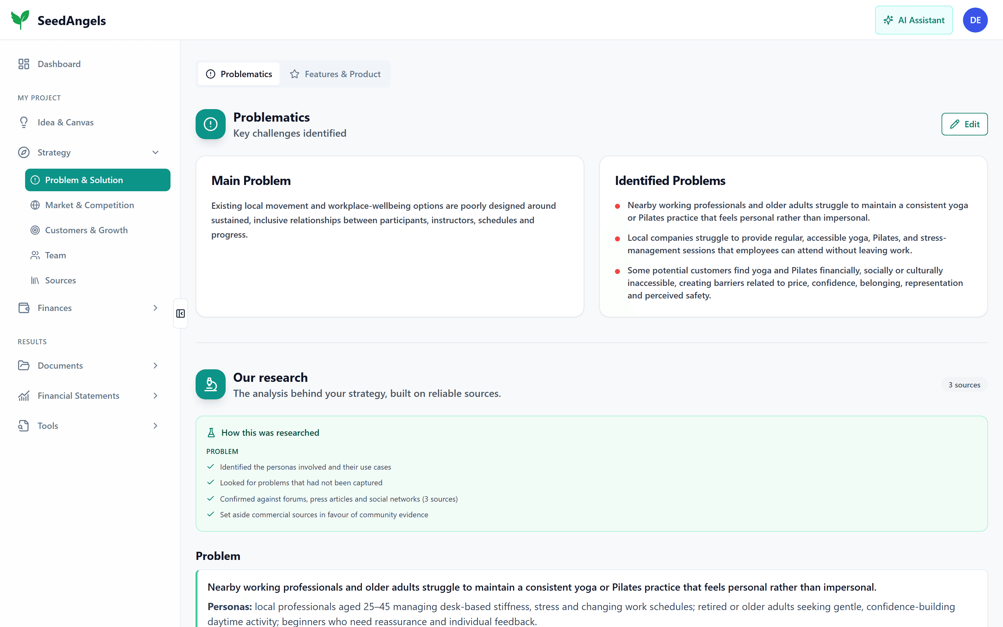 A Lean Canvas section with its key points and sources
