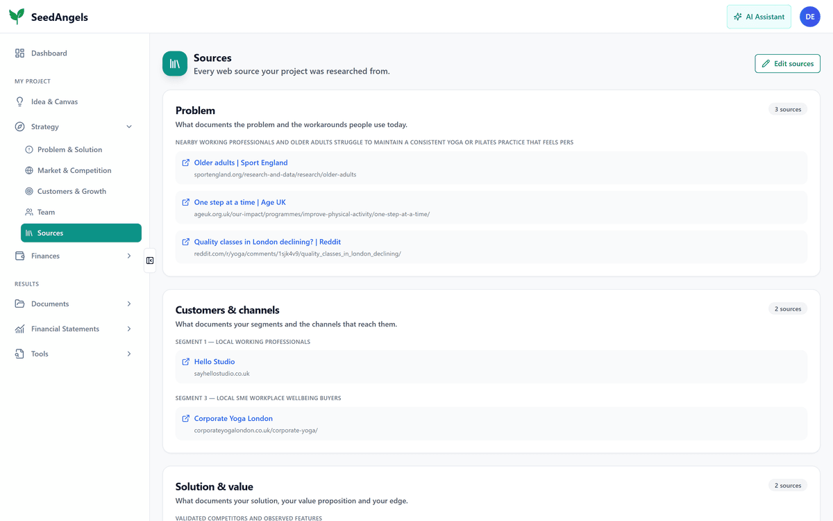 SeedAngels sources page listing every web source the project was researched from, by section of the plan