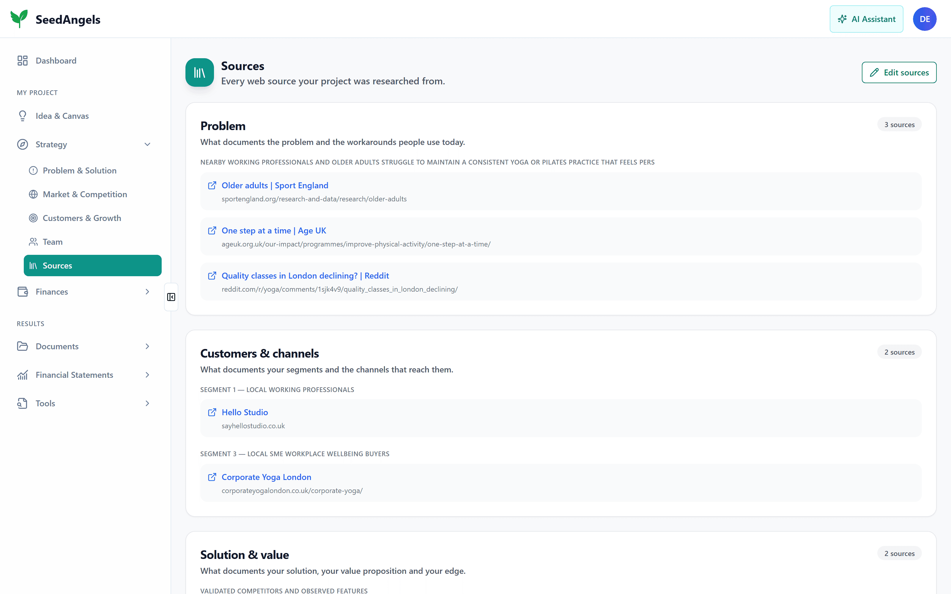 The list of web sources behind a SeedAngels analysis