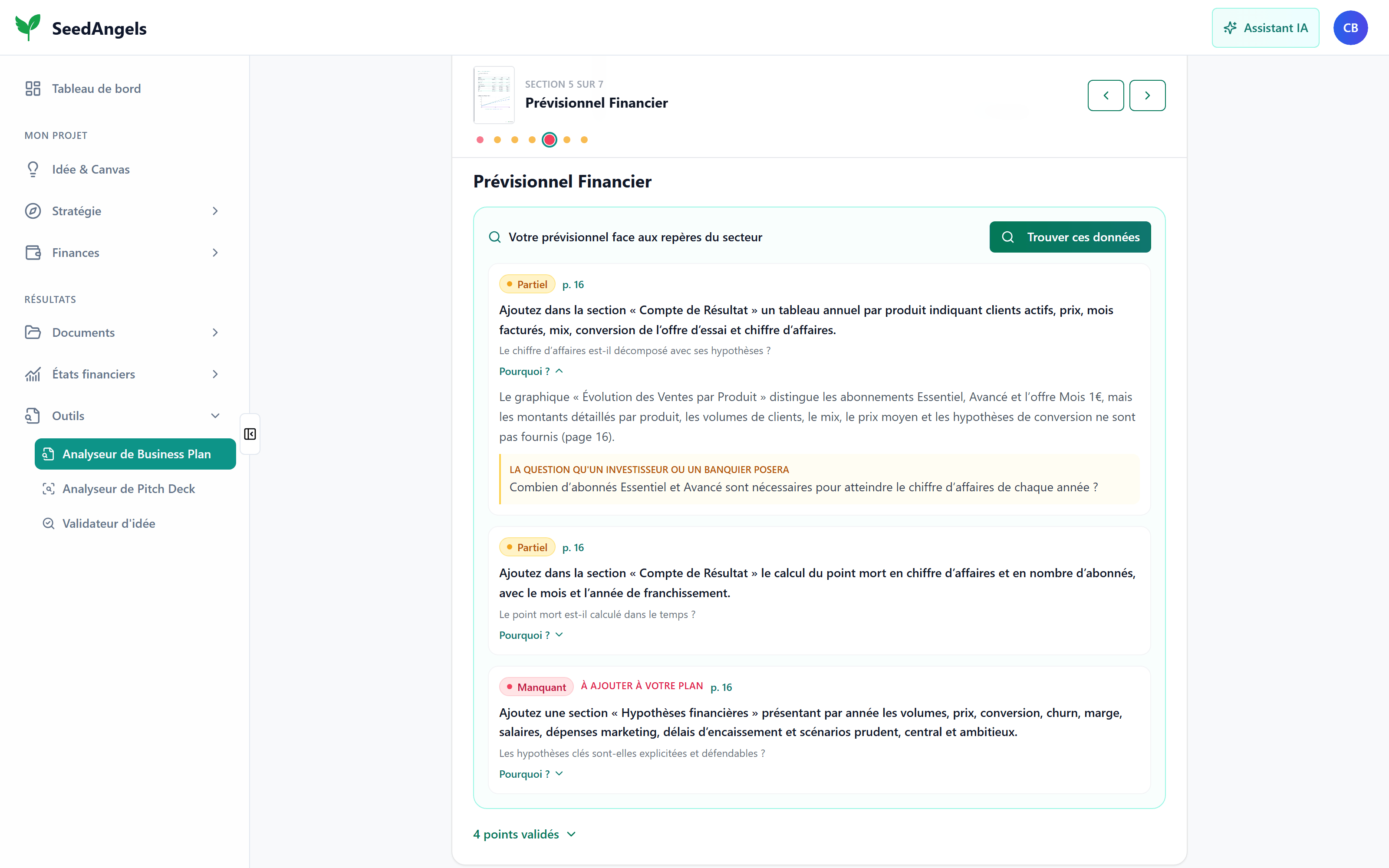 Analyse section par section : les critères partiels et manquants du prévisionnel financier, chacun accompagné de la consigne à appliquer et de la question de l'investisseur