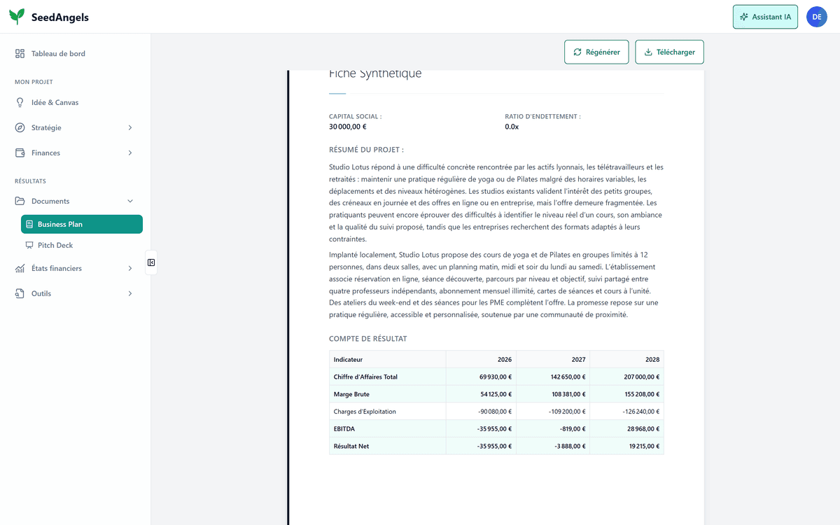 Fiche synthétique d'un business plan SeedAngels avec capital, emprunt, résumé du projet et compte de résultat sur trois ans