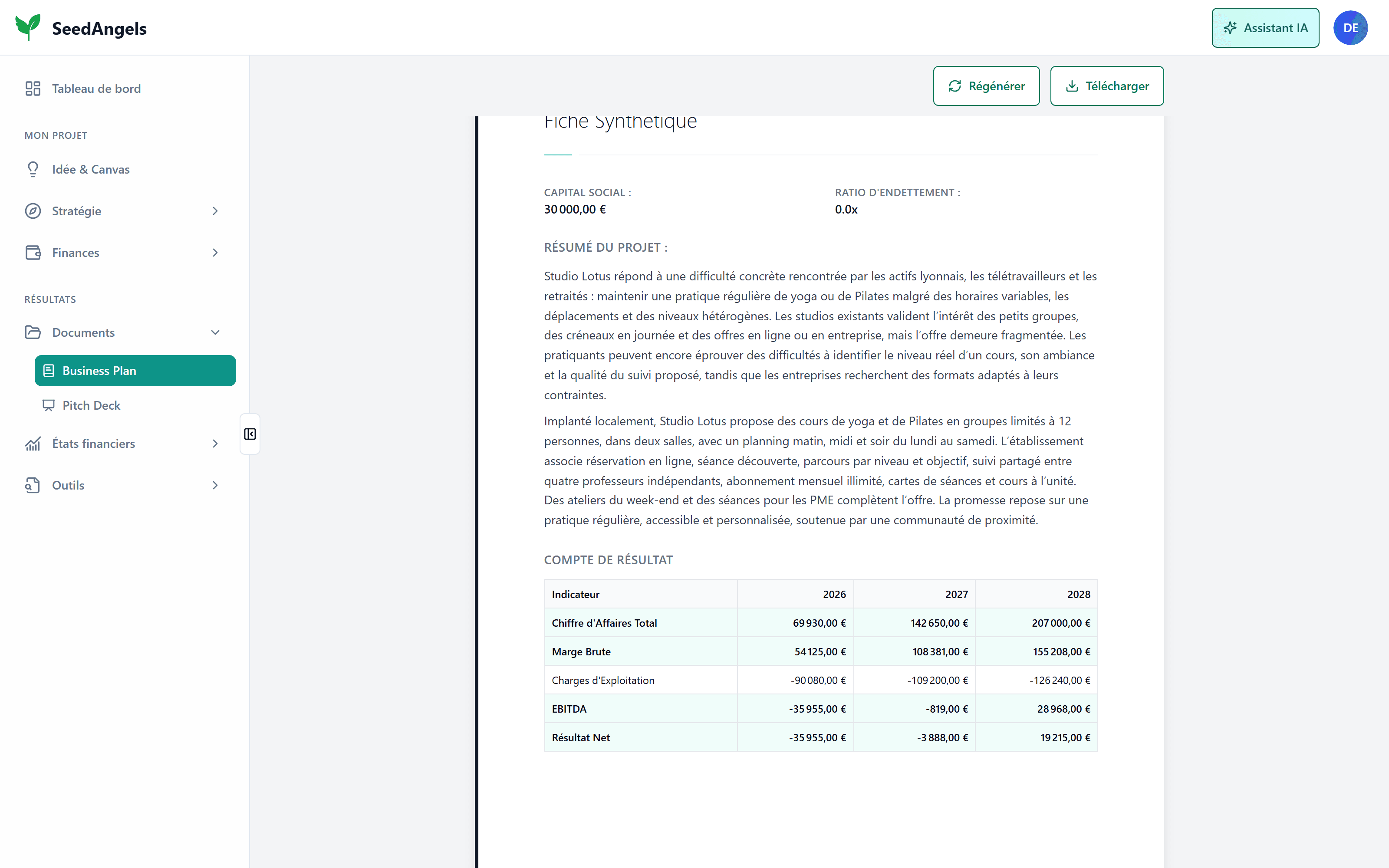 Un Business Plan généré par SeedAngels
