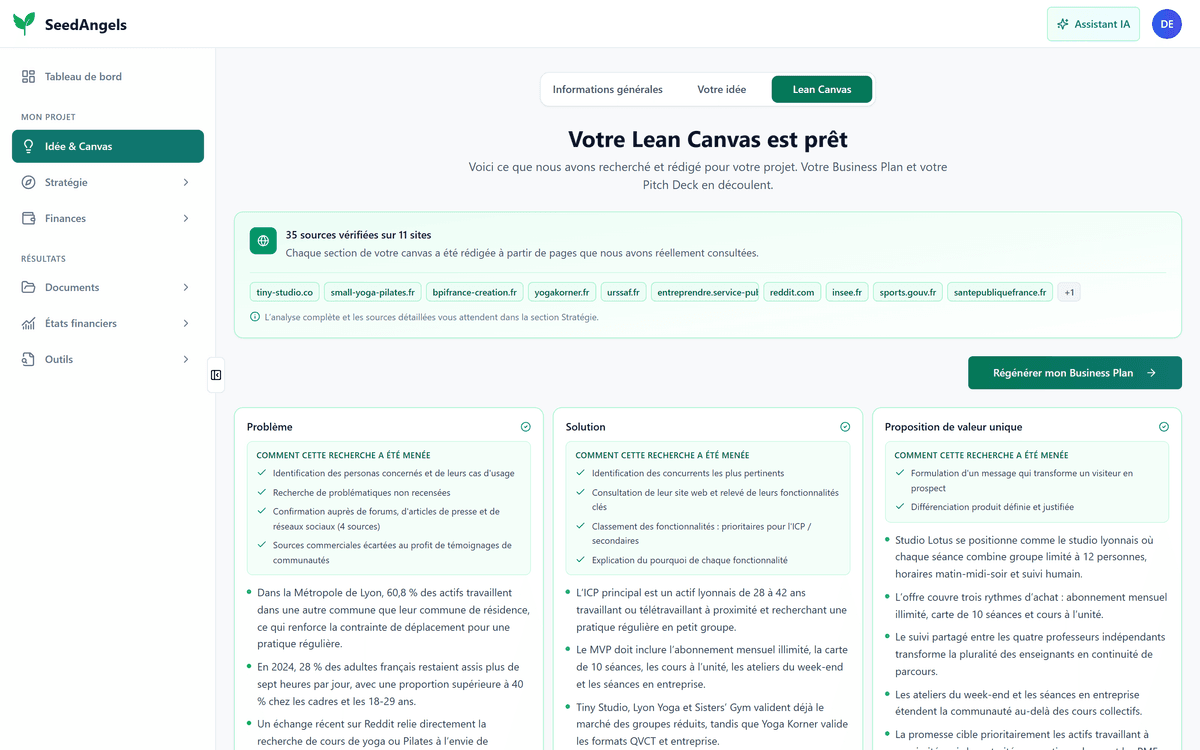 Les neuf sections d'un Lean Canvas généré par SeedAngels, avec leurs sources