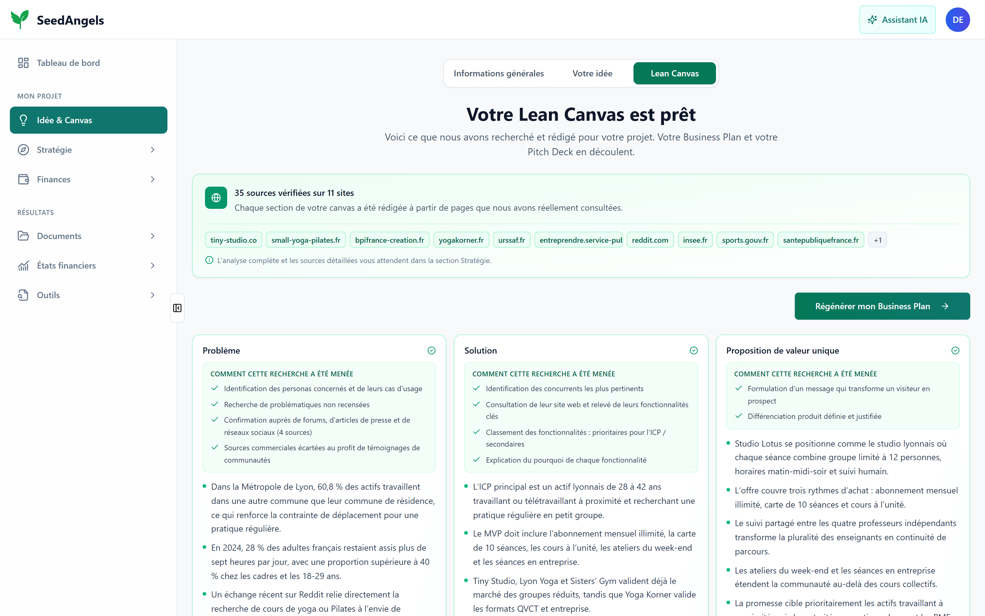 Les neuf sections d'un Lean Canvas généré par SeedAngels