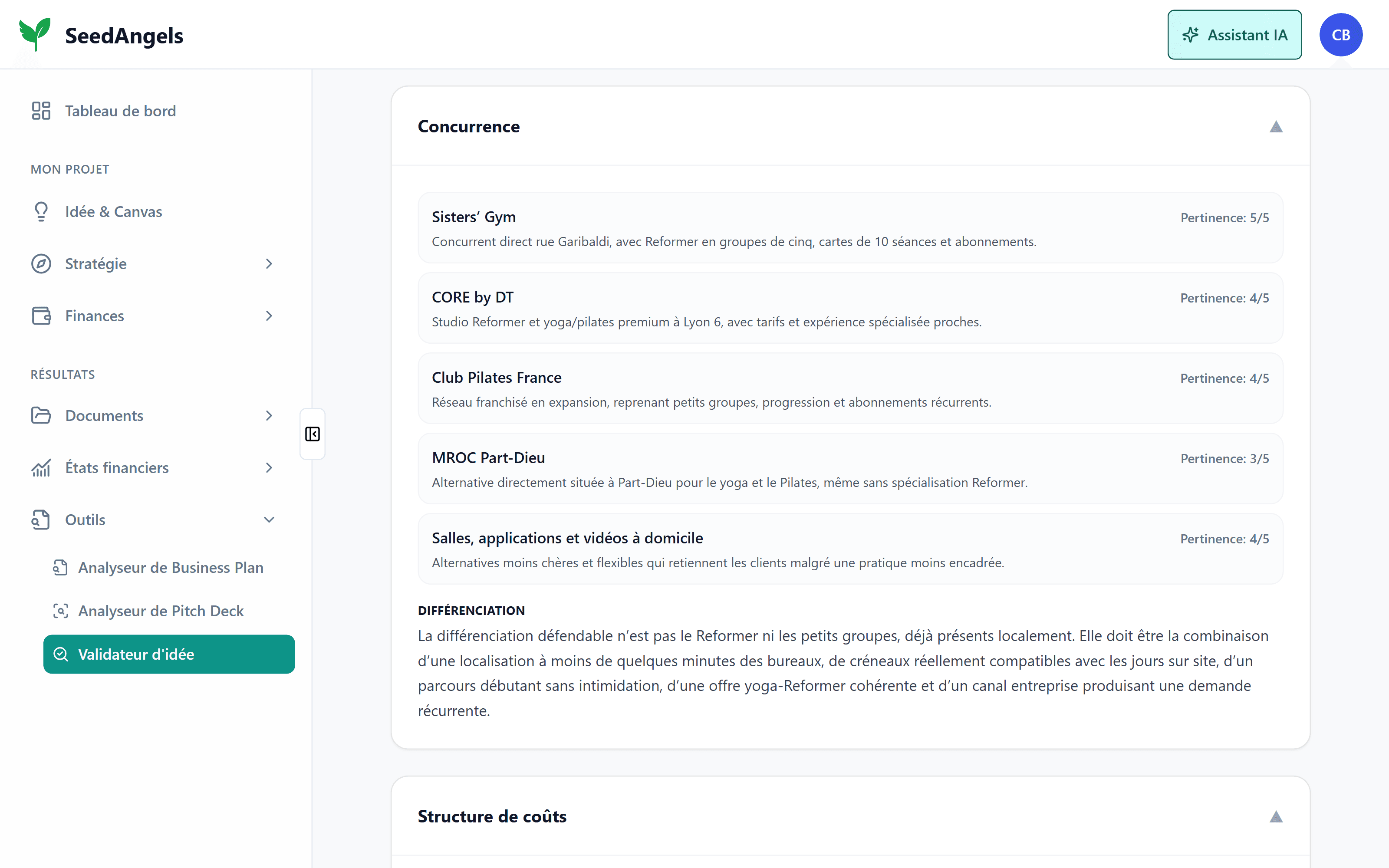Une liste de concurrents notés en pertinence sur 5, avec une synthèse de la différenciation