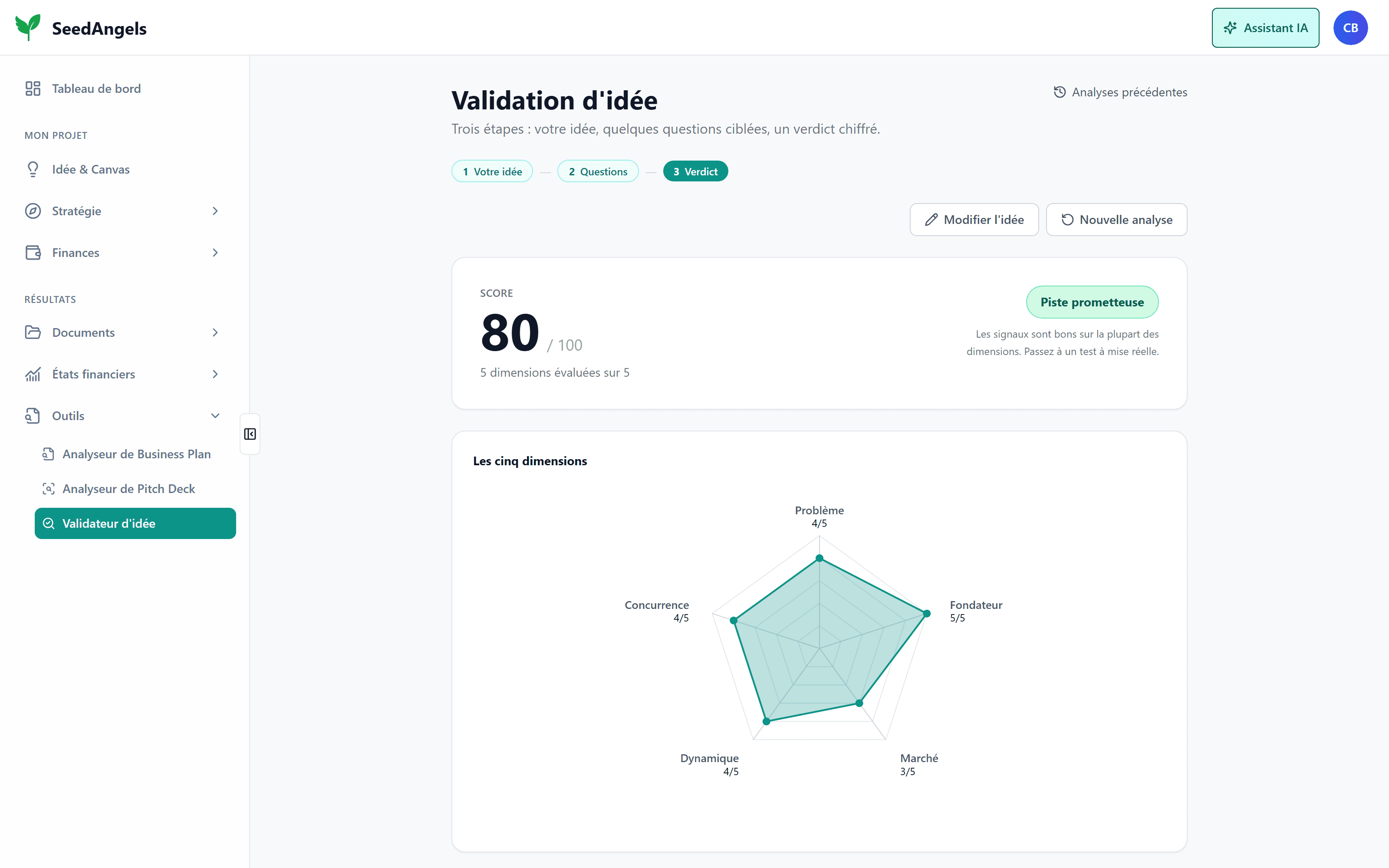Rapport de validation : un score sur 100 avec son badge, et un radar des cinq dimensions notées sur 5