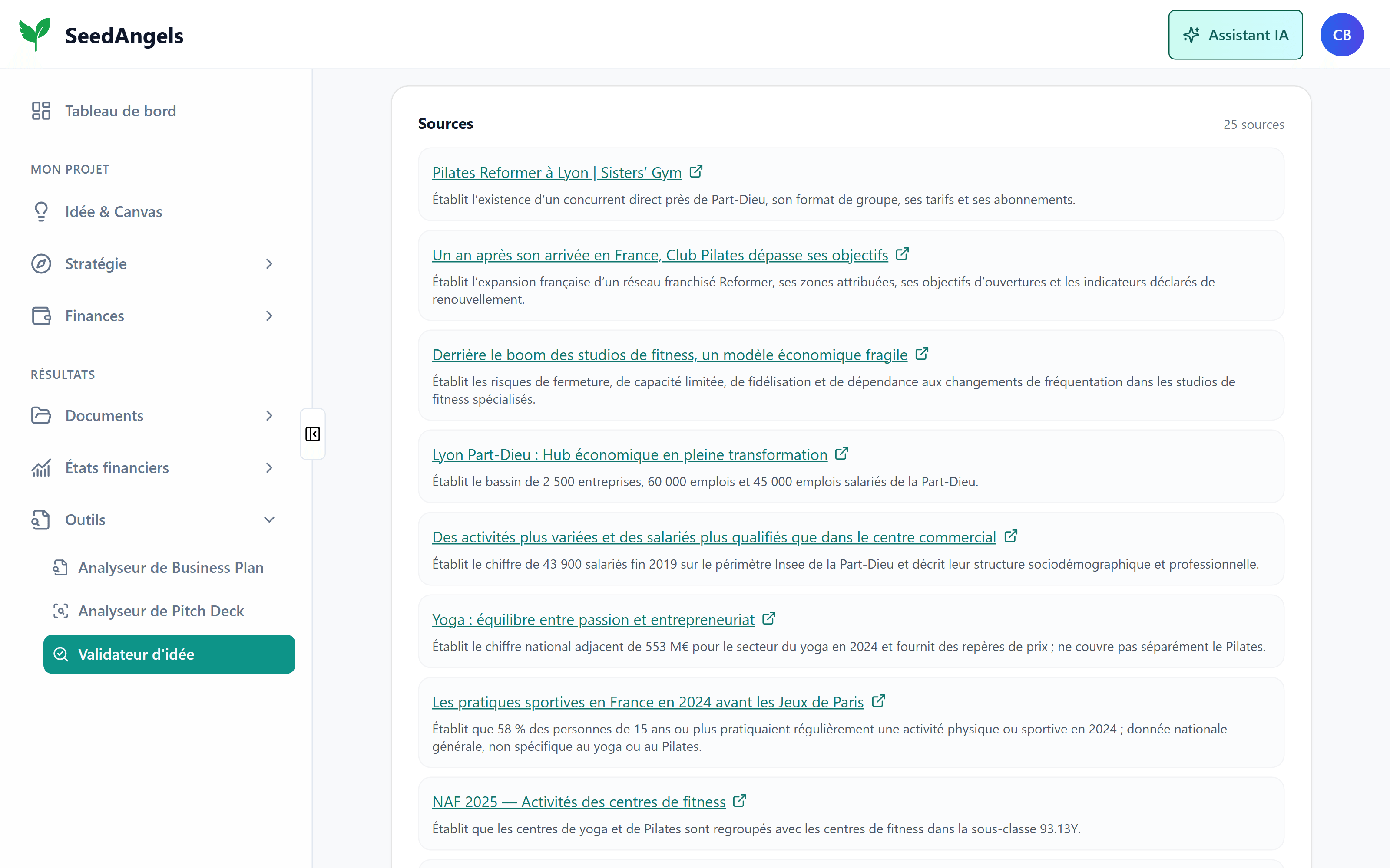 Une liste de sources web, chacune avec son titre, son lien et une note sur ce qu'elle apporte