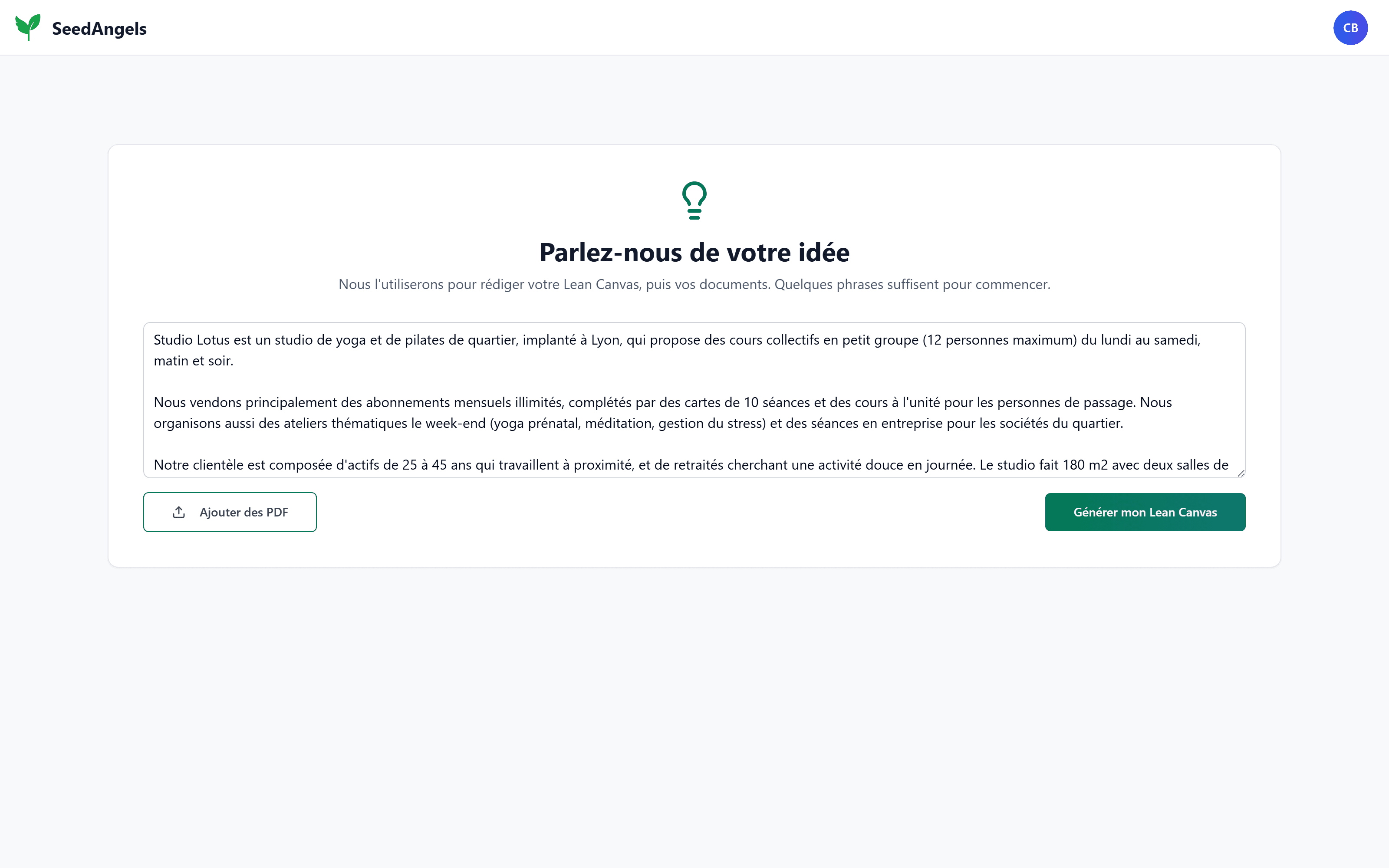 L’écran d’onboarding où vous décrivez votre idée en quelques phrases