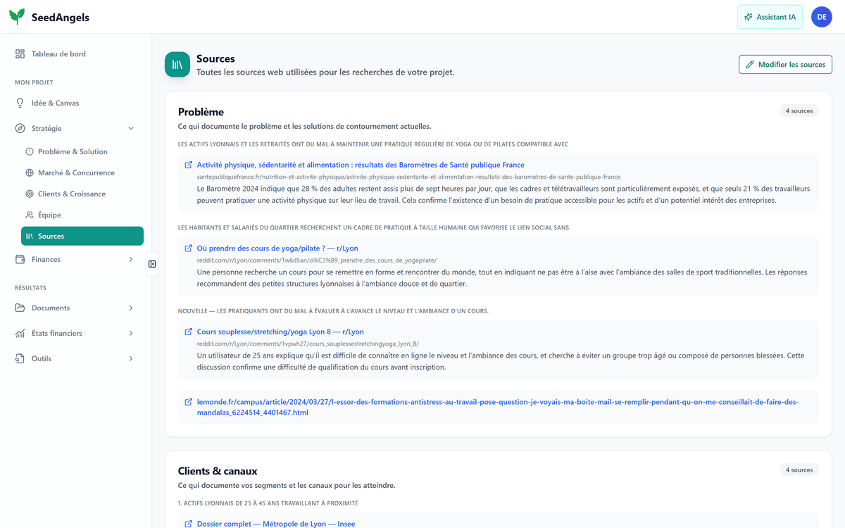 Page Sources de SeedAngels listant chaque source web utilisée pour le projet, section par section