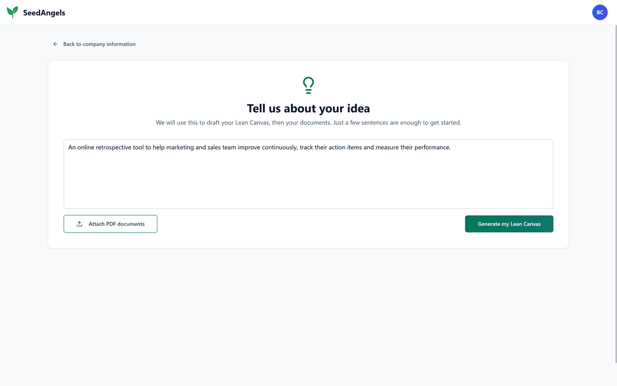 SeedAngels 'Tell us about your idea' screen with a text box to describe the project in a few sentences