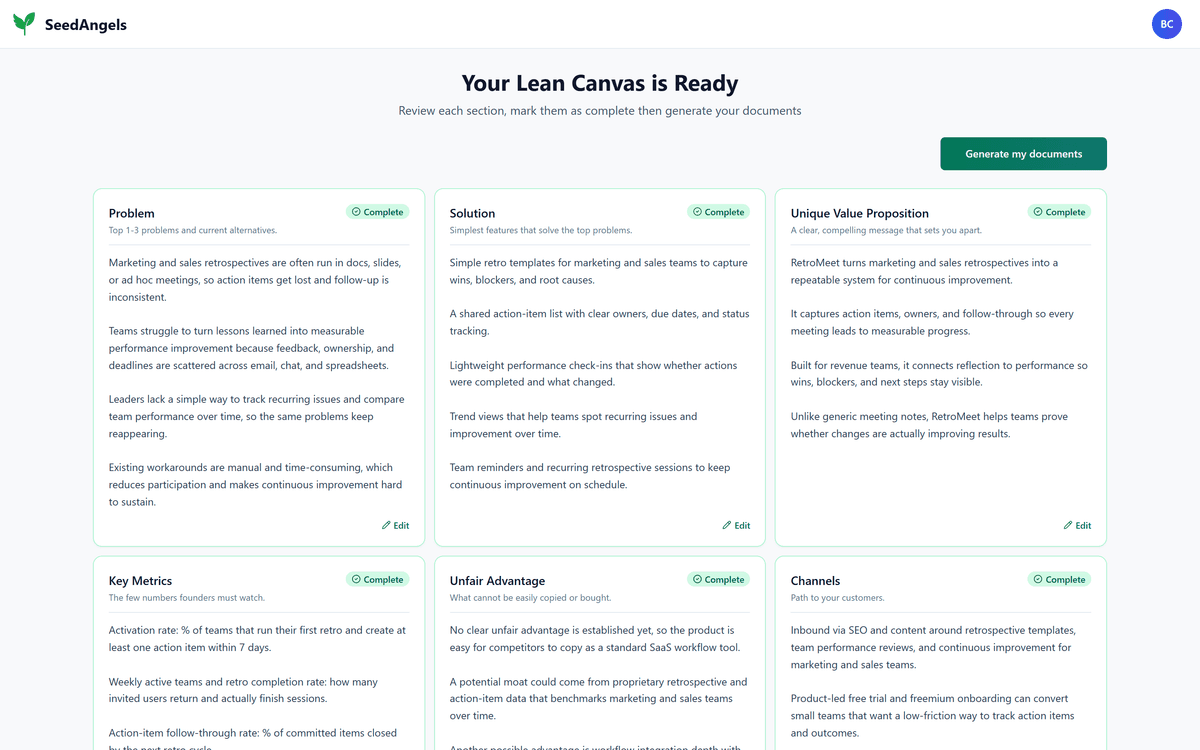 Lean Canvas generated by SeedAngels with problem, solution, value proposition, key metrics, unfair advantage and channels