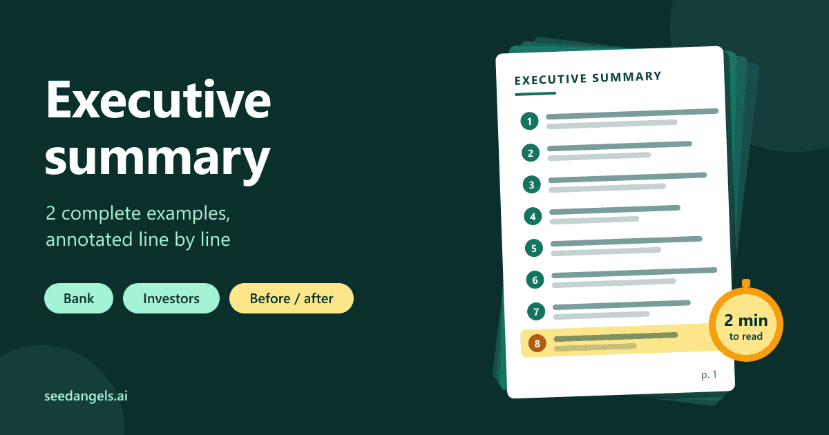 First page of a business plan: the executive summary split into eight paragraphs