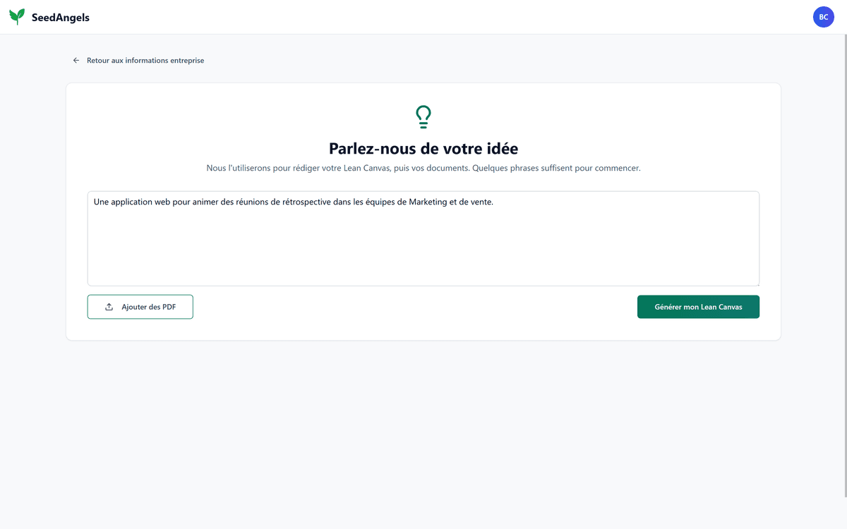 Écran SeedAngels « Parlez-nous de votre idée » avec une zone de texte pour décrire son projet en quelques phrases