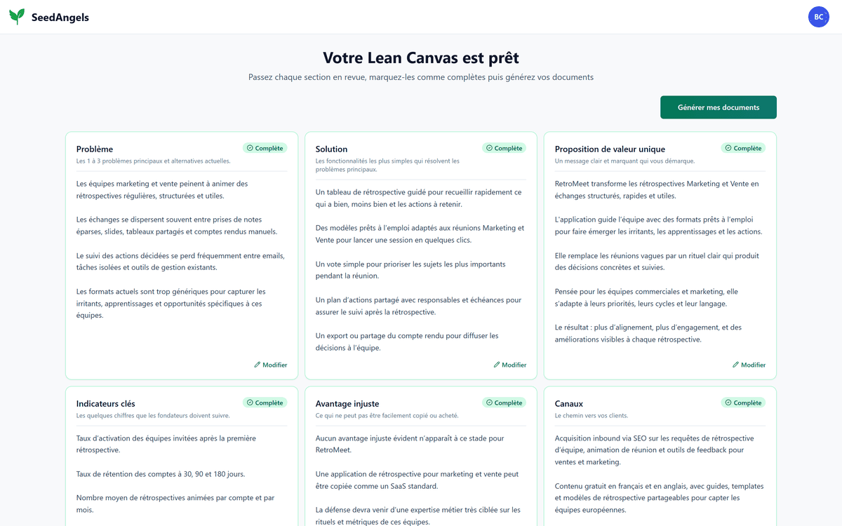 Lean Canvas généré par SeedAngels avec problème, solution, proposition de valeur, indicateurs clés, avantage injuste et canaux