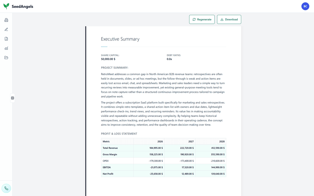 Synthetic sheet of a SeedAngels business plan: project summary and three-year P&L