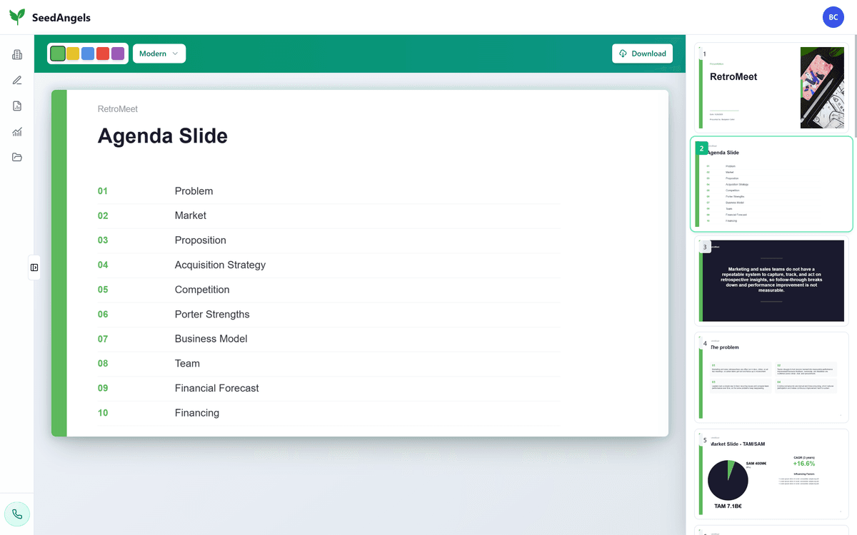 Pitch deck generated by SeedAngels with its 10-section agenda, from problem to financing