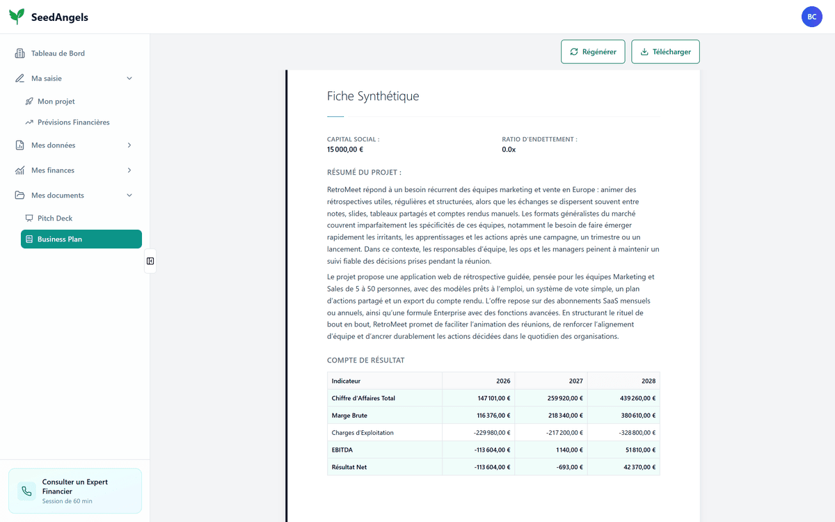Fiche synthétique d'un business plan SeedAngels : résumé du projet et compte de résultat sur trois ans