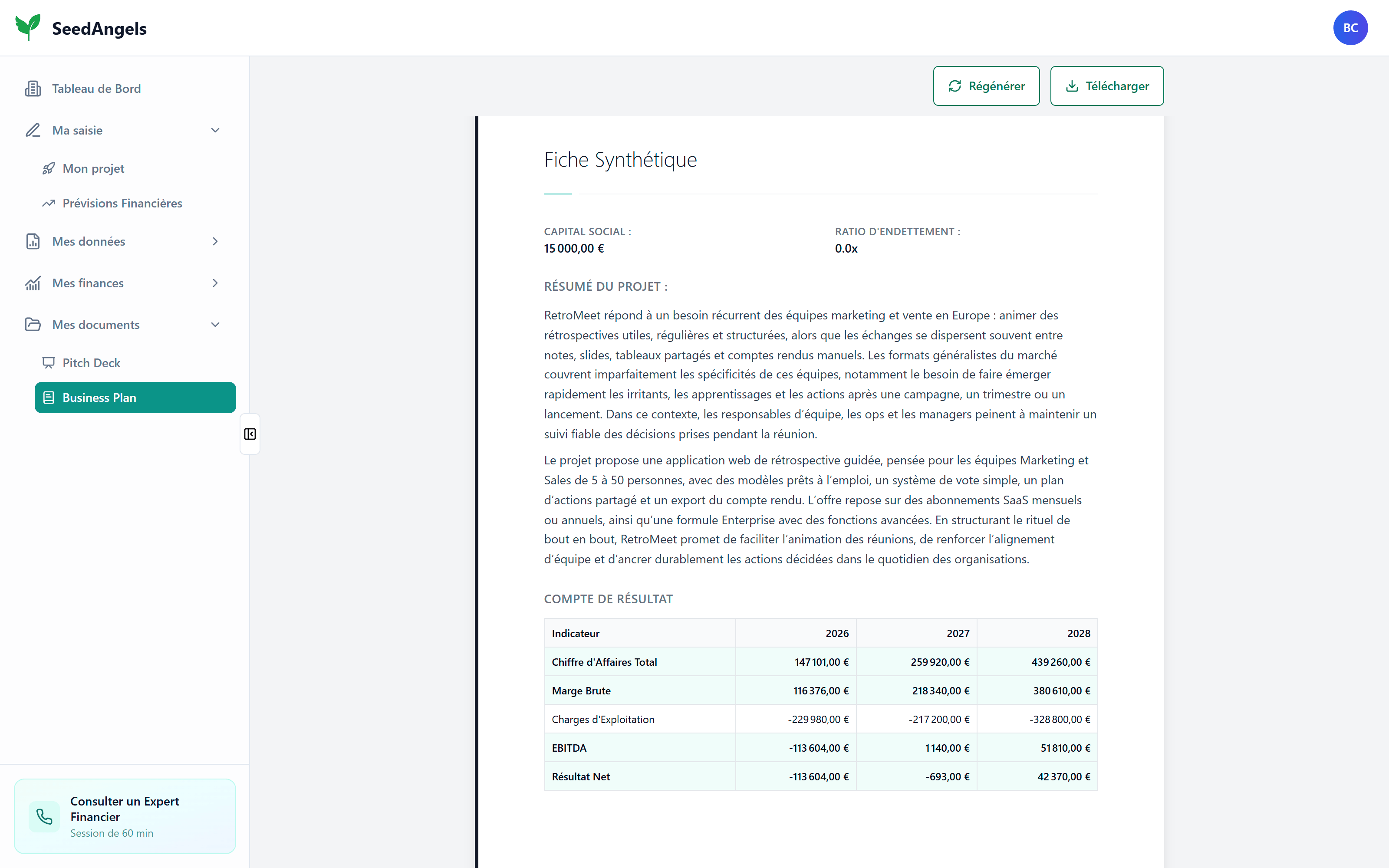 Fiche synthétique d'un Business Plan généré par SeedAngels
