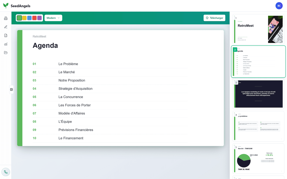 Pitch deck généré par SeedAngels avec son sommaire de 10 sections, de la problématique au financement