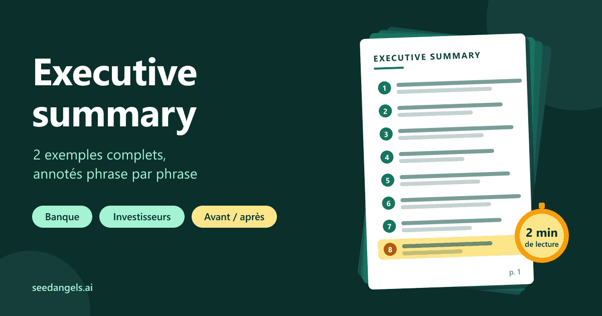 Première page d'un business plan : l'executive summary découpé en huit paragraphes